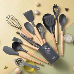 Wooden Handle Tableware Heat Resistant Silicone Utensils Set