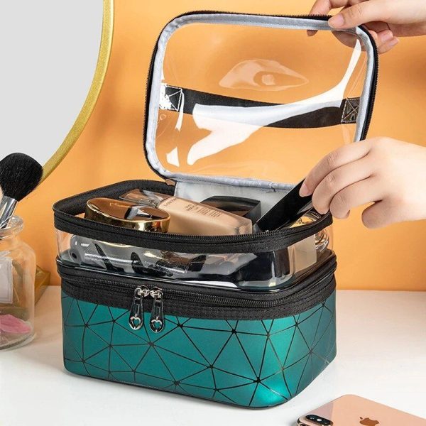 Sparkling Diamond Lattice Travel Makeup Bag - Waterproof, Multi-Function Cosmetic Case - Image 3