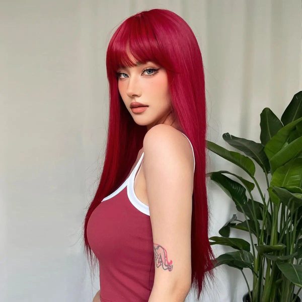 Wine Red Long Straight Synthetic Wig with Bangs - Heat Resistant, Perfect for Cosplay & Daily Wear