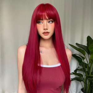 Wine Red Long Straight Synthetic Wig with Bangs - Heat Resistant, Perfect for Cosplay & Daily Wear