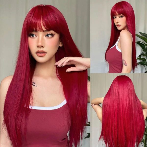 Wine Red Long Straight Synthetic Wig with Bangs - Heat Resistant, Perfect for Cosplay & Daily Wear