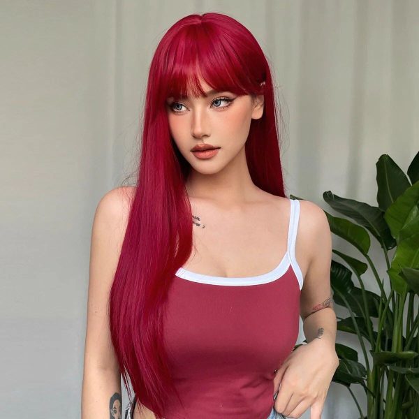 Wine Red Long Straight Synthetic Wig with Bangs - Heat Resistant, Perfect for Cosplay & Daily Wear