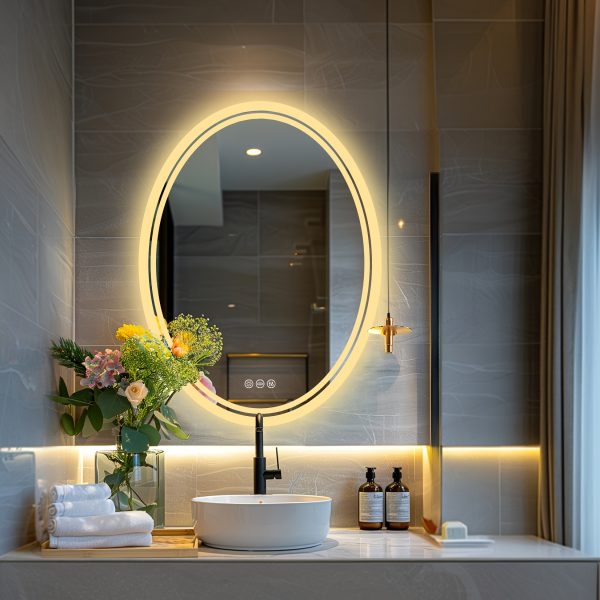 Only Backlit LED Lightd Bathroom Mirror Oval Illuminated Wall Vanity Mirror With Anti-Fog 3 Lighting Modes Memory Function Touch Button Backlit Makeup Mirror