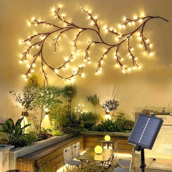 Solar-Powered 72 LED Warm White Willow Vine String Lights, 1.8m/5.9ft - Outdoor & Indoor Wall Decor with 8 Lighting Modes for Courtyard Entrance and Commercial Lighting