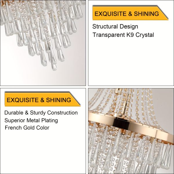 Large Luxury Golden Crystal Chandelier - Elegant Modern Ceiling Light with Golden Finish, Semi-Flush Mount or Hanging Installation, Hardwired Electrical Connection for Living Room, Dining Room, Bedroom, Hallway - Luxury Home Decor Lighting Fixture, Sophis
