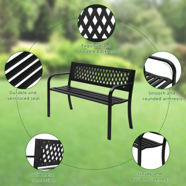 1pcc 47in PVC Mesh Backrest Iron Bench, Black, Outdoor Furniture
