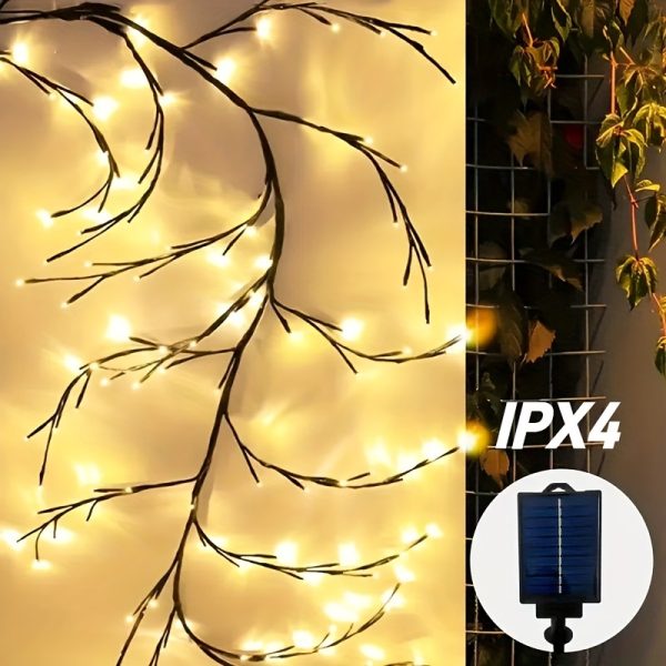 Solar-Powered 72 LED Warm White Willow Vine String Lights, 1.8m/5.9ft - Outdoor & Indoor Wall Decor with 8 Lighting Modes for Courtyard Entrance and Commercial Lighting