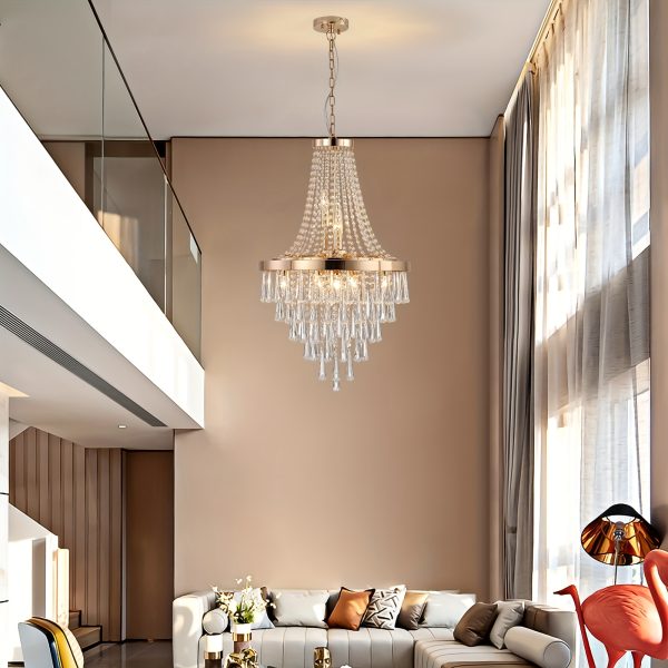 Large Luxury Golden Crystal Chandelier - Elegant Modern Ceiling Light with Golden Finish, Semi-Flush Mount or Hanging Installation, Hardwired Electrical Connection for Living Room, Dining Room, Bedroom, Hallway - Luxury Home Decor Lighting Fixture, Sophis