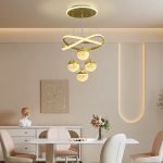 Modern Adjustable Color Changing Chandelier, Polished Metal Finish, Semi-Flush Mount Acrylic Shade, Hard-Wired 110-130V, Three-Color Dimmable Lighting, Detachable Fixture for Living Room, Dining, Bedroom, Study - Includes Light Source