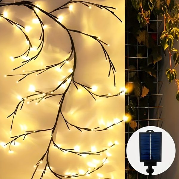 Solar-Powered 72 LED Warm White Willow Vine String Lights, 1.8m/5.9ft - Outdoor & Indoor Wall Decor with 8 Lighting Modes for Courtyard Entrance and Commercial Lighting