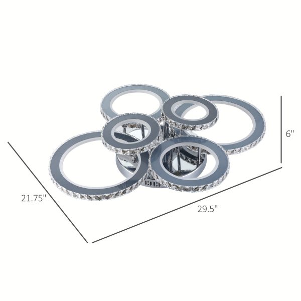 HOMCOM Elegant LED Chandelier with 6 Rings, Ceiling Light with Cool White Lighting for Living Room, Dining Room, or Bedroom, Silver