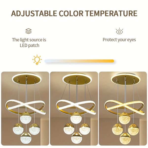 Modern Adjustable Color Changing Chandelier, Polished Metal Finish, Semi-Flush Mount Acrylic Shade, Hard-Wired 110-130V, Three-Color Dimmable Lighting, Detachable Fixture for Living Room, Dining, Bedroom, Study - Includes Light Source