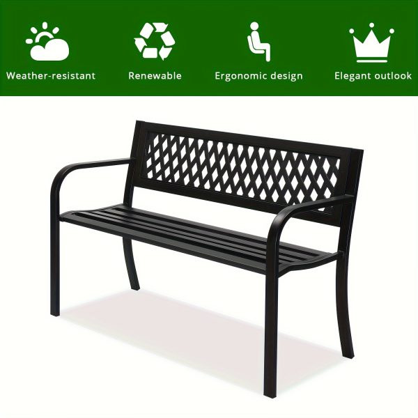 1pcc 47in PVC Mesh Backrest Iron Bench, Black, Outdoor Furniture