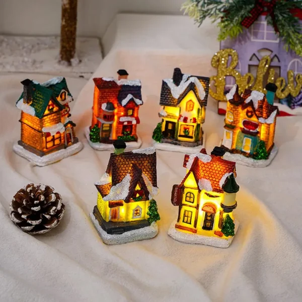 Christmas Glowing House Ornament Romantic Warm Lighting Resin Craft Desktop LED Snow Cover House Decor Figurine Statue Festival