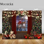 Christmas Trees Bear Toys Backdrop Winter Night Dreamy Santa Claus Photo Background Window Pine Forest Xmas Decorations Supplies