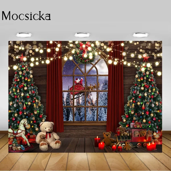 Christmas Trees Bear Toys Backdrop Winter Night Dreamy Santa Claus Photo Background Window Pine Forest Xmas Decorations Supplies