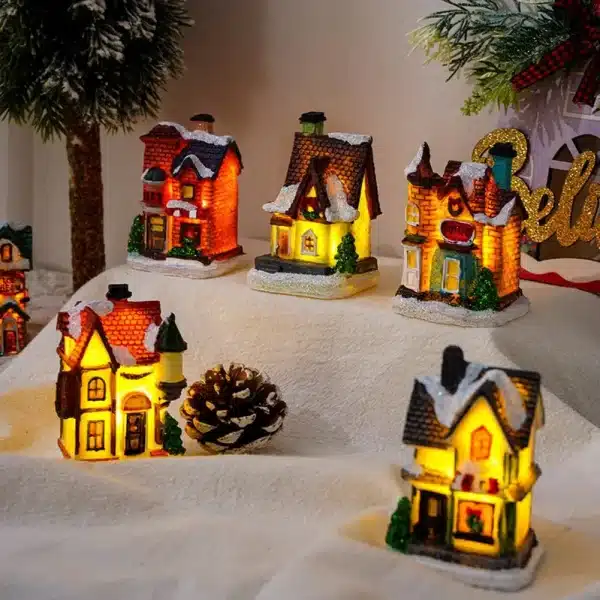 Christmas Glowing House Ornament Romantic Warm Lighting Resin Craft Desktop LED Snow Cover House Decor Figurine Statue Festival