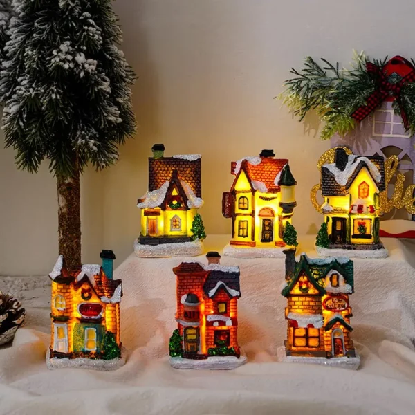 Christmas Glowing House Ornament Romantic Warm Lighting Resin Craft Desktop LED Snow Cover House Decor Figurine Statue Festival