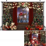 Christmas Trees Bear Toys Backdrop Winter Night Dreamy Santa Claus Photo Background Window Pine Forest Xmas Decorations Supplies