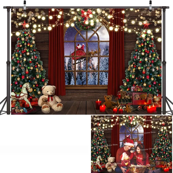 Christmas Trees Bear Toys Backdrop Winter Night Dreamy Santa Claus Photo Background Window Pine Forest Xmas Decorations Supplies