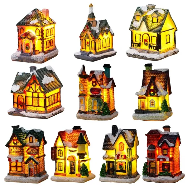 Christmas Glowing House Ornament Romantic Warm Lighting Resin Craft Desktop LED Snow Cover House Decor Figurine Statue Festival