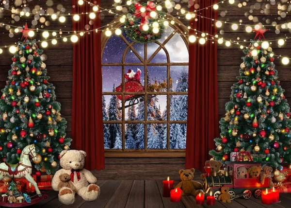 Christmas Trees Bear Toys Backdrop Winter Night Dreamy Santa Claus Photo Background Window Pine Forest Xmas Decorations Supplies