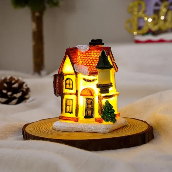 Christmas Glowing House Ornament Romantic Warm Lighting Resin Craft Desktop LED Snow Cover House Decor Figurine Statue Festival