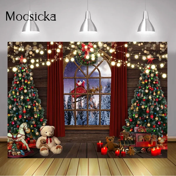 Christmas Trees Bear Toys Backdrop Winter Night Dreamy Santa Claus Photo Background Window Pine Forest Xmas Decorations Supplies