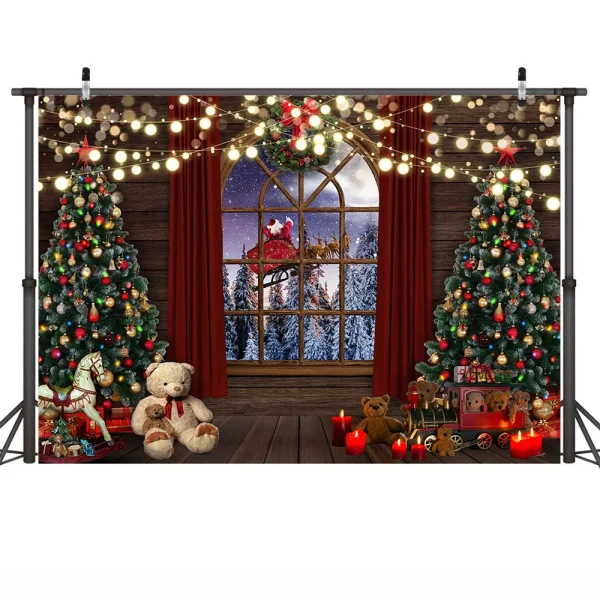 Christmas Trees Bear Toys Backdrop Winter Night Dreamy Santa Claus Photo Background Window Pine Forest Xmas Decorations Supplies