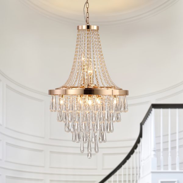Large Luxury Golden Crystal Chandelier - Elegant Modern Ceiling Light with Golden Finish, Semi-Flush Mount or Hanging Installation, Hardwired Electrical Connection for Living Room, Dining Room, Bedroom, Hallway - Luxury Home Decor Lighting Fixture, Sophis