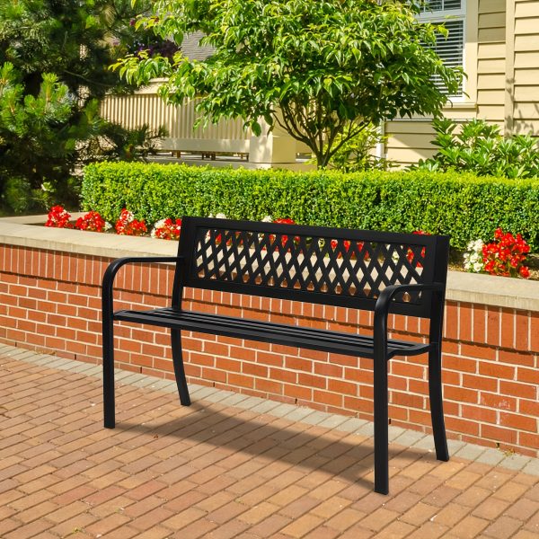 1pcc 47in PVC Mesh Backrest Iron Bench, Black, Outdoor Furniture