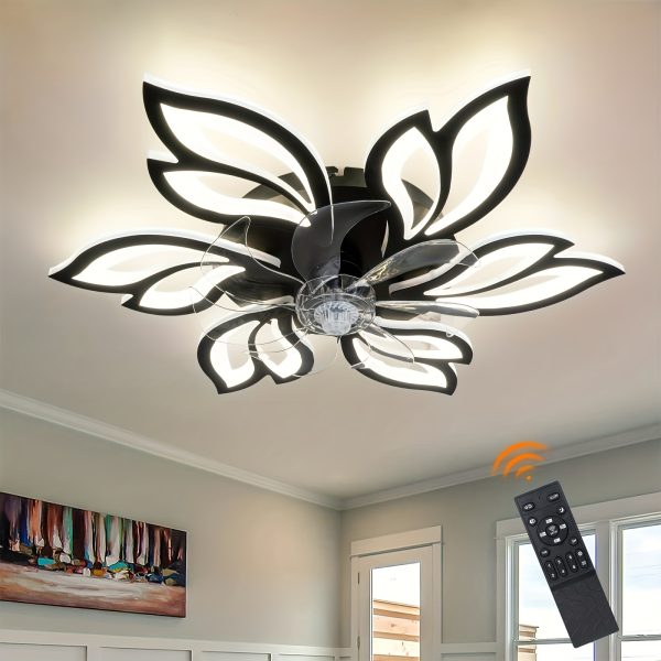 Modern Ceiling Fan with Light and Remote, Commercial Lighting for Coffee Shop and Restaurant, Slim LED Fan Light, Semi Flush Mount, 3-Color 6-Speed Adjustable Wind, Smart Timer Bladeless Ceiling Fan with Color Changing and Detachable Metal Shade Features,