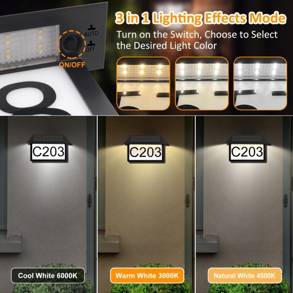 Solar-Powered LED Address Sign with House Numbers - Waterproof Outdoor Wall Light, Warm White, 3000K/4500K/6000K Illumination, Customizable Number Stickers for Home, Yard, Street, Outdoor Lighting|Sleek Wall Lamp|Solar LED Plaque, Solar Powered Outdoor Li